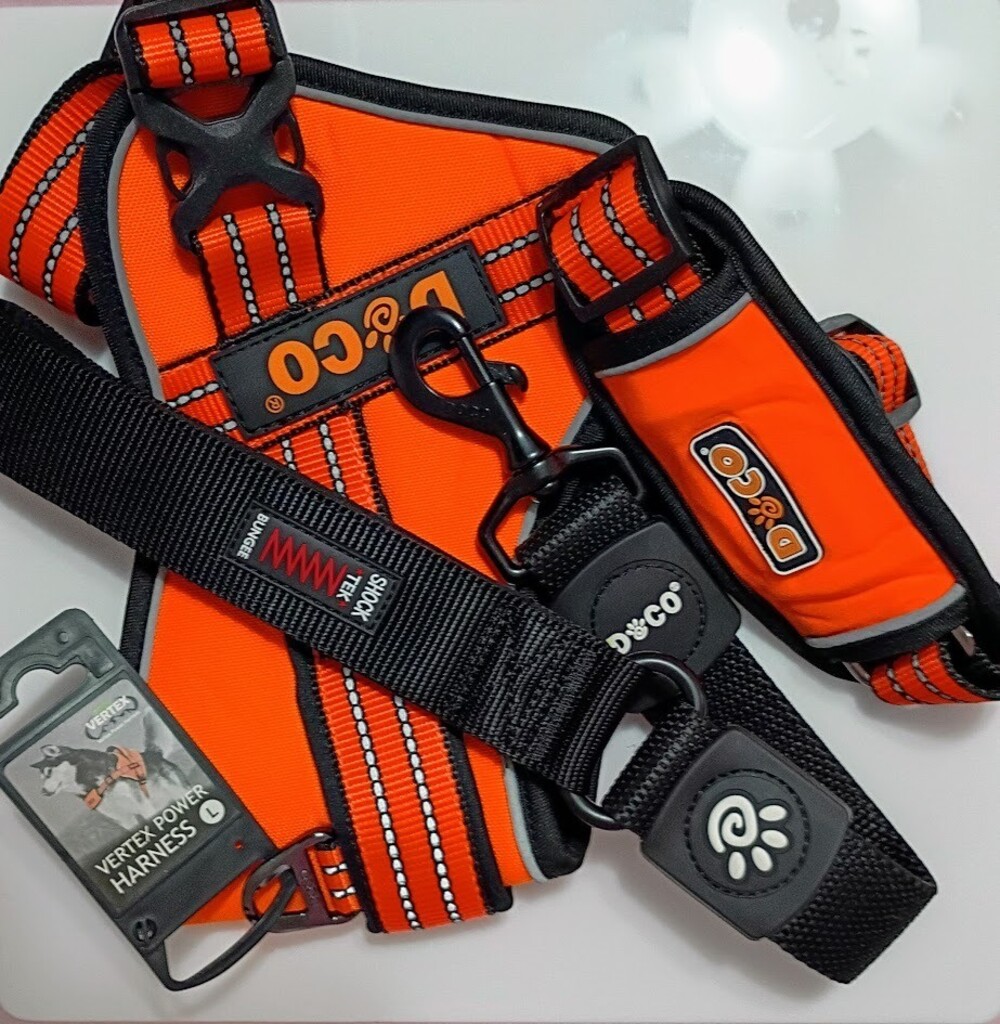 NWT DOCO Vertex Orange Heavy-Duty Dog Harness & 20" Bungee Leash Set - Large